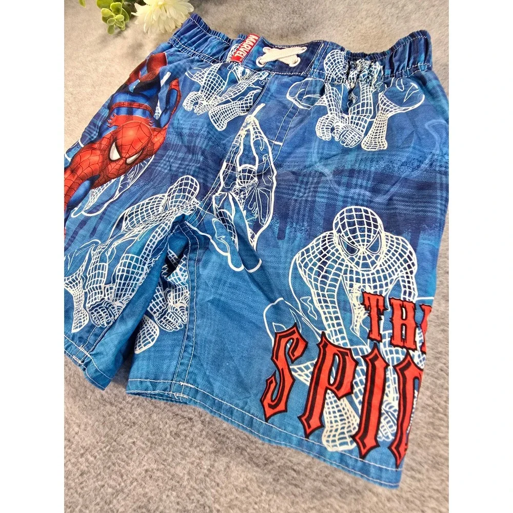 Marvel The Amazing Spiderman Boys Blue Plaid Swim Trunks Size 2T 2007 Vintage